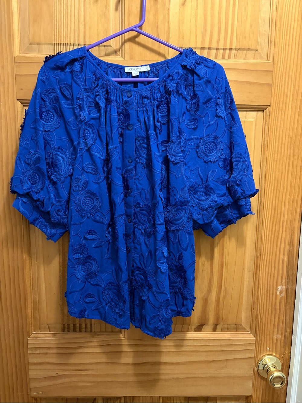 Chico's Cobalt Blue Textured Floral Button-Front Blouse
